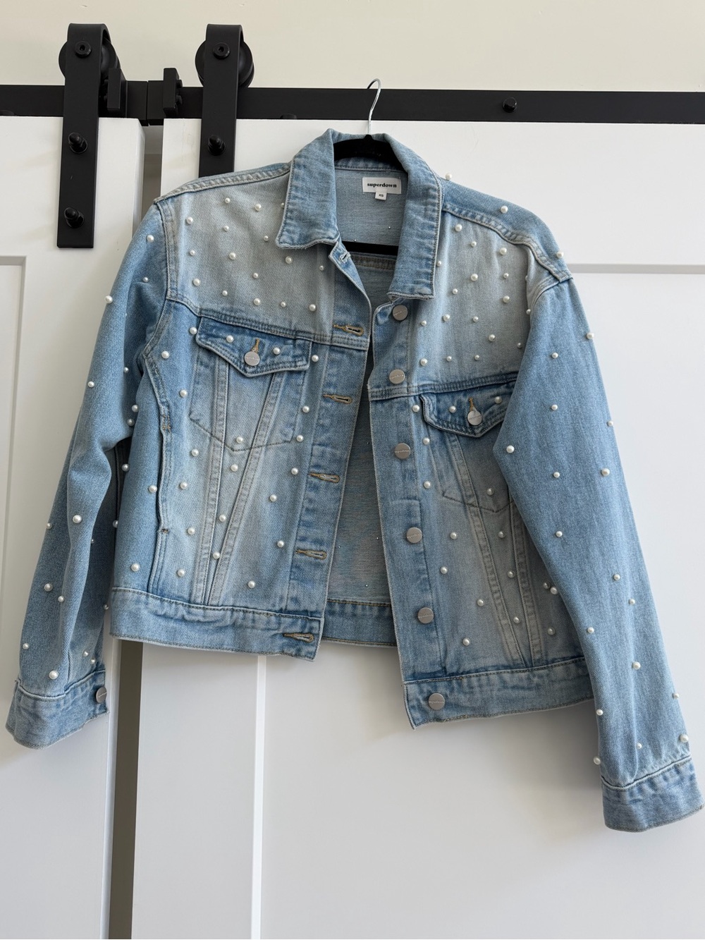 superdown Light Blue Pearl-Embellished Denim Jacket
